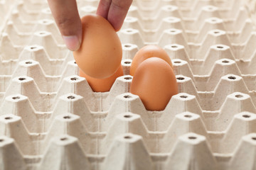 hand picking an egg from egg tray.