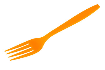 Orange plastic forks isolated on white background