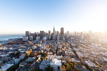 cityscape and skyline of san francisco with sunbeam