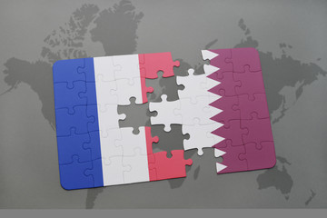 puzzle with the national flag of france and qatar on a world map background.