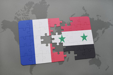 puzzle with the national flag of france and syria on a world map background.