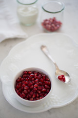 Pomegranate seeds (arils) and yogurt in high key (Shallow DOF)