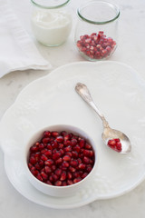 Pomegranate seeds (arils) and yogurt in high key