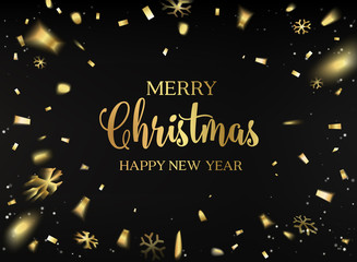 Merry Christmas card. Gold template over black background with golden confetti. Happy new year 2017. Black space abstraction. Fallen snow and sun rays in the dark area. Vector illustration.