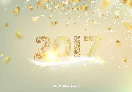 Happy new year card over gray background with golden sparks. Vector illustration.