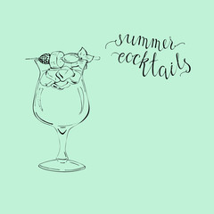 Glass of fruit cocktail on pastel blue background. Hand lettering summer cocktails. Hand drawn vector illustration.