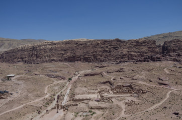 View to Royal Tombs, Cardo Maximus and Great Temple from Al Habis mountain. Panorama of Petra ancient city. Jordan