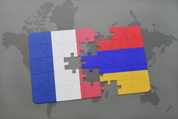 puzzle with the national flag of france and armenia on a world map background.