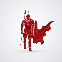 Spartan warrior walking with a spear designed using red grunge brush graphic vector.