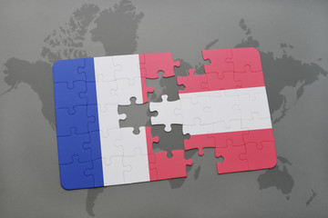 puzzle with the national flag of france and austria on a world map background.