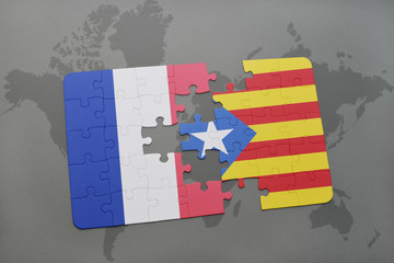 puzzle with the national flag of france and catalonia on a world map background.