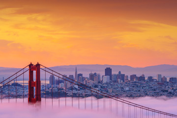 Early morning low fog at Golden Gate Bridge - obrazy, fototapety, plakaty