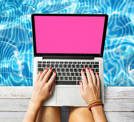 Female Hands Typing Macbook Poolside Concept
