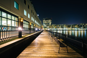 Benches and buildings along a walkway in Jersey City, New Jersey