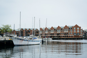 Fototapeta na wymiar Boat and apartment buildings on the waterfront in Canton, Baltim