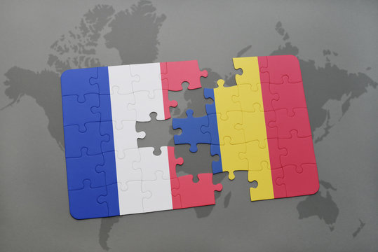 puzzle with the national flag of france and romania on a world map background.