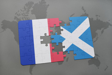 puzzle with the national flag of france and scotland on a world map background.