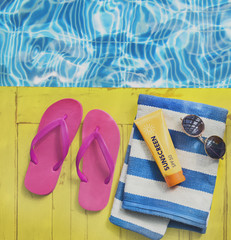 Flipflop Towel Sunglasses SunBlock Sunscreen Concept