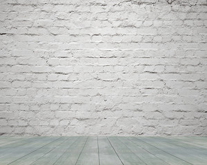 Old  aged white bricks wall with wooden floor background