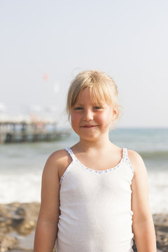 Turkey, Alanya, Portrait of blonde girl (4-5) at seaside