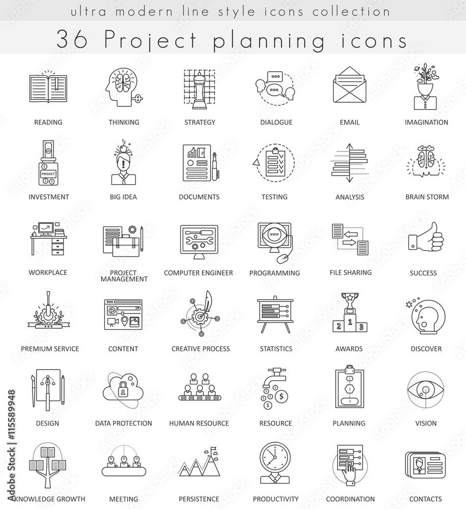 Aufkleber vector project planning strategy ultra modern outline line icons for web and apps.