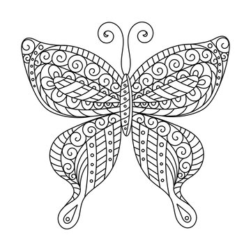 Coloring book for adult and older children.  page. Outline drawing. Decorative butterfly in frame