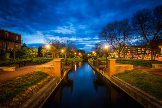Carroll Creek at night, at Carroll Creek Linear Park, in Frederi