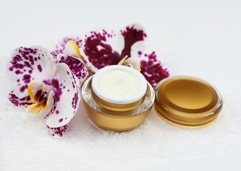 Fototapeta na wymiar Face & body cream, orchid & sea salt, white background