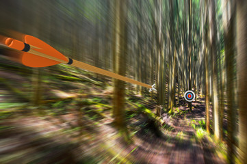 Arrow traveling through air at high speed to archery target with motion blur, part photo, part 3D...
