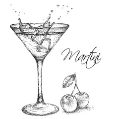 Hand drawn martini cocktail in glass with cherry. Vector illustration - 115593137