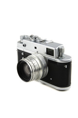 isolated in white vintage camera / overwhite portrait of a old metal camea