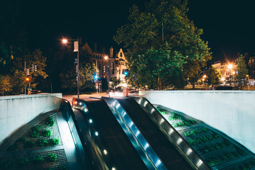 Escalators to the Metro at Dupont Circle at night, in Washington