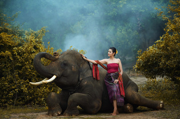 Fototapeta na wymiar Young elephant and woman Thai culture traditional ,vintage style