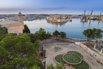 Malta - Watchtower of Valletta with Birgu and Senglea and Gardjola Gardens and docks in the...