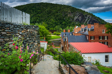Flowers along a path and view of historic buildings in Harpers F