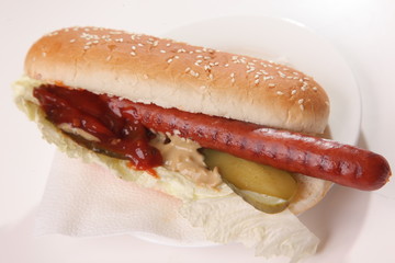 sausage in bun with sauce and pickles