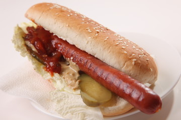 sausage in bun with sauce and pickles