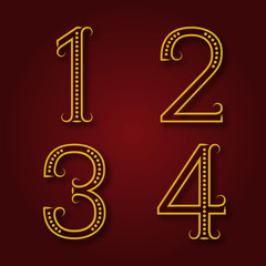 One, two, three, four golden numbers with shadow. Font of dots and lines with flourishes in art deco style.