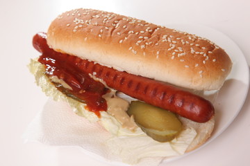 sausage in bun with sauce and pickles