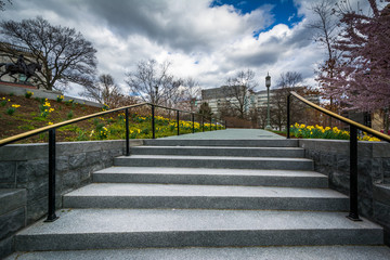 Gardens along a walkway at the Pennsylvania State Capitol Comple