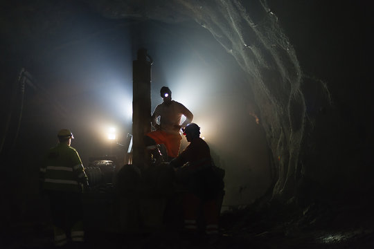 Sweden, Norrbotten, Kiruna, Miners working underground