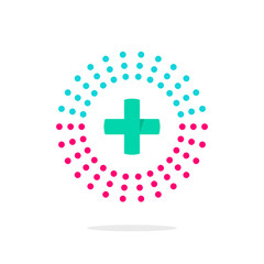 Medical logo vector symbol with green cross and abstract purple and blue rays, flash, concept of pharmacy clinic label, hospital center logotype modern design isolated on white background