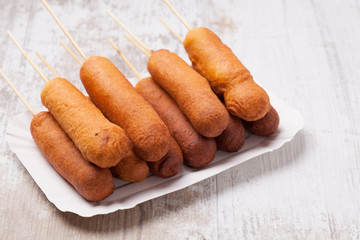 Corn dog. Sausage baked in corn dough.