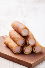 Corn dog. Sausage baked in corn dough.