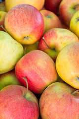Tasty ripe apples in the market on the counter