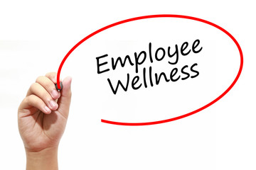 Man Hand writing Employee Wellness with marker on transparent wipe board. Business, internet, technology concept.