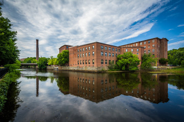 Historic brick buildings and the Cocheco River, in Dover, New Ha