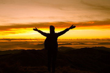 Fototapeta premium Feeling free. Male hiker celebrating on top a mountain. 