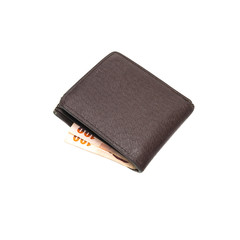 Leather brown wallet with money isolated on white background