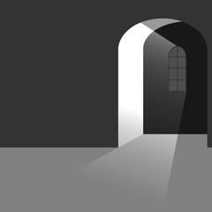 interior - walls, floor , and light breaks through the window in the door.Black and white tones. Vector illustration